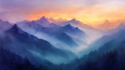 Fototapeta premium A Misty Mountain Range at Sunset with a Painted Sky