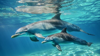 Obraz premium Serene Moment of a Baby Dolphin Swimming with its Mother in Sunlit Crystal Clear Waters