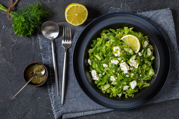 Classic Greek green lettuce salad with feta cheese