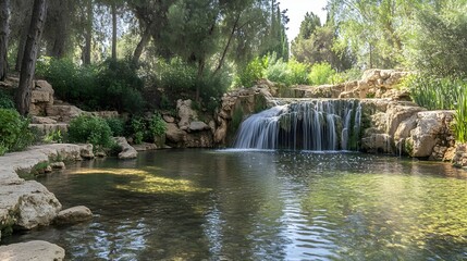 Obraz premium Serene landscape featuring a tranquil waterfall cascading into a peaceful pool, surrounded by lush greenery and natural beauty.