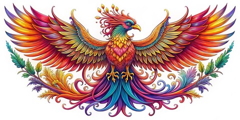 Fototapeta premium A majestic phoenix rises from embers, ablaze with fiery oranges and yellows, as it unfurls elegant, swirling wings,