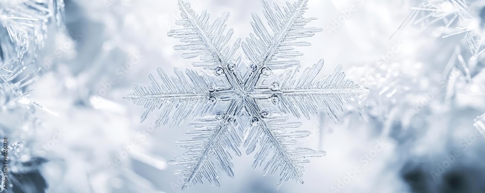 Poster a delicate snowflake captured in stunning detail, showcasing intricate patterns against a soft, icy 