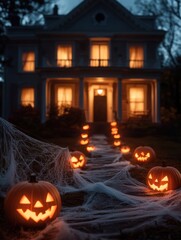 Obraz premium A creepy, abandoned house covered in cobwebs, with glowing pumpkins and flickering candles lining the path