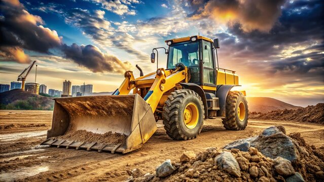 A mighty force in the concrete jungle, the yellow front end loader tractor rigorously scoops and shifts mountains