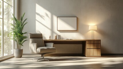 concept banner showing an empty office with a comfy armchair, and a lit desk lamp, symbolizing work-life balance