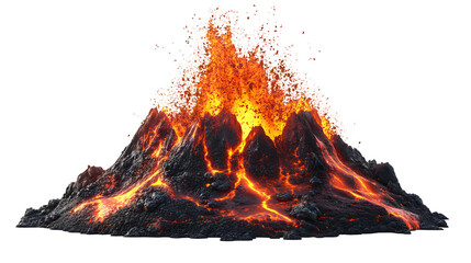 Erupting volcano lava flows isolated on transparent background