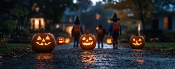 Obraz premium Trick-or-treaters in costume walk down a dark, eerie street