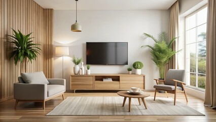 Fototapeta premium A minimalist television nestles into a serene white living room, its clean lines and neutral color palette blending
