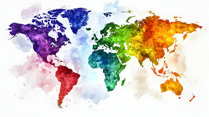 Watercolor World Map with Rainbow Colors, A Geometric Abstract Artwork Showing the Continents in a Vibrant and Artistic Style