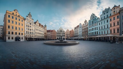 Naklejka premium Stunning panoramic view of a historic European square with colorful buildings and a central fountain under a cloudy sky.
