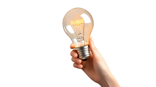 Hand holding light bulb isolated on transparent background - Powered by Adobe