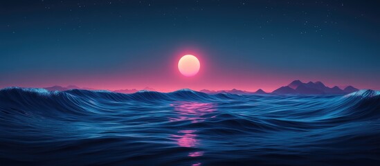 Fototapeta premium Stunning Night Landscape Surreal Fantasy Art Full Moon Illuminating Ocean And Sky Bioluminescent Plankton Lighting Up Waves Digital 3D Illustration