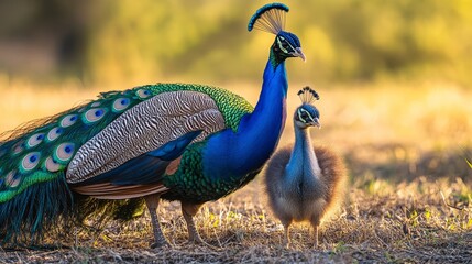 Adorable Baby Peacock with Parent in Serene Early Morning Field Light © Thavesak