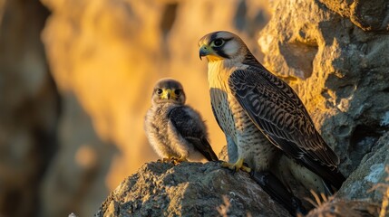 Tender Moment: Baby Falcon Perched by Mother on Rocky Cliff at Dusk