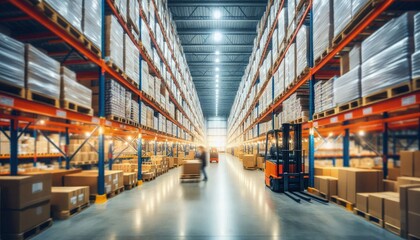 High-resolution stock photo of a bustling retail warehouse filled with stacked shelves of goods in cartons, pallets arranged neatly, and forklifts in motion, with a blurred background