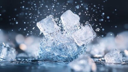 Obraz premium Ice Cubes Splashing in Water with Droplets