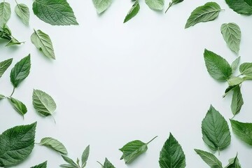 Fototapeta premium A beautiful arrangement of green leaves creating a natural frame on a light background, perfect for eco-friendly designs.