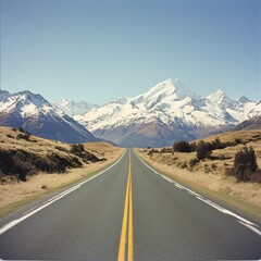 Fototapeta premium A scenic road stretching toward majestic snow-capped mountains under a clear blue sky, perfect for travel and adventure imagery.