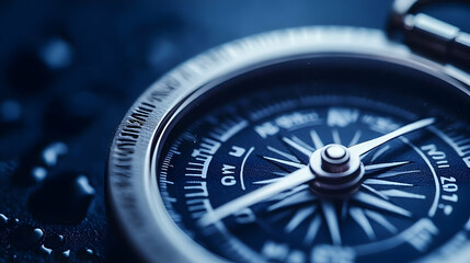 Fototapeta premium A Close-Up View of a Compass with a Blue Dial, Featuring a Silver Needle Pointing North, Surrounded by Water Droplets
