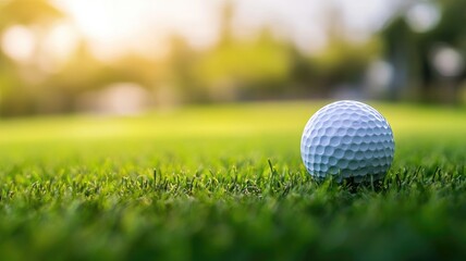 Obraz premium Golf ball lies on green grass with sunshine in background