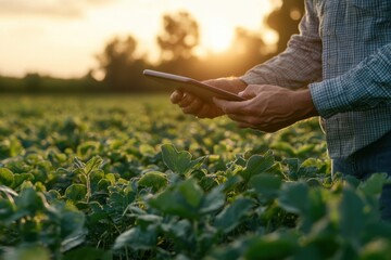 Farmer using a digital tablet in a field. Farming, agriculture and environmental technology concept. 