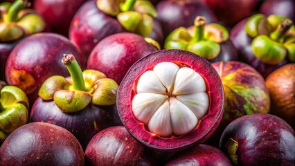 A ripe mangosteen fruit opens to reveal soft white segments and a sweet pulpy interior surrounded by a vibrant purple rind.