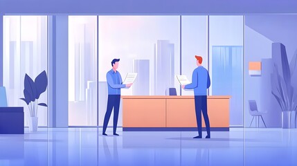 Obraz premium Two professionals engaged in discussion in a modern office with a city view, conveying teamwork and collaboration.