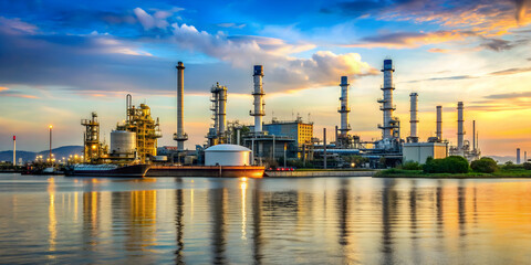 Naklejka premium Oil refinery on coastal area with a body of water nearby , industry, fuel, energy, manufacturing, production
