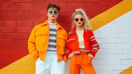 Retro Cool: A stylish young couple in vibrant 70s-inspired fashion leans against a colorful brick wall, exuding vintage charm with their bold sunglasses and confident poses.