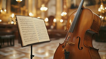 A Cello and Sheet Music Resting on a Stand in a Concert Hall