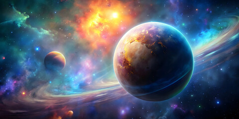 Planet floating in vast space with colorful nebula background, planet, space, galaxy, universe, astronomy, celestial, cosmic