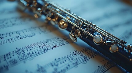 A Close-Up View of a Clarinet Resting on Sheet Music