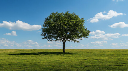 Obraz premium A solitary tree stands majestically on lush green field under bright blue sky, surrounded by fluffy white clouds, creating serene and peaceful atmosphere
