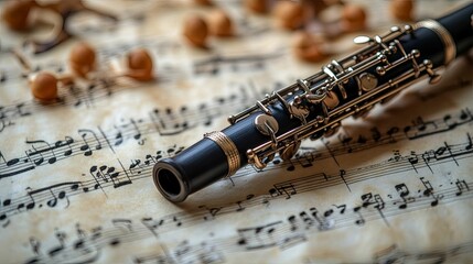 Clarinet Resting on Sheet Music with Blurred Brown Objects in the Background