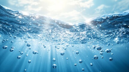 Underwater View of Blue Water Surface with Air Bubbles and Sunbeams