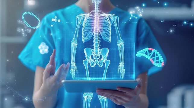 Abstract digital medical background with skeleton hologram in futuristics and technological concept.