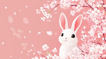 Obraz premium Beautiful Portrait Of Cherry Tree Sakura Flowers In Bloom Cherry Blossom Backdrop Cheerful Bunny Illustration