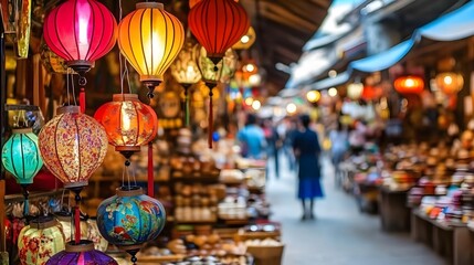 Vibrant market scene filled with colorful lanterns, showcasing a rich cultural atmosphere and a variety of artisanal products.