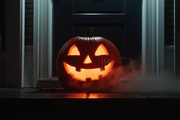 A carved jack-o'-lantern glowing on a doorstep with mist swirling around it