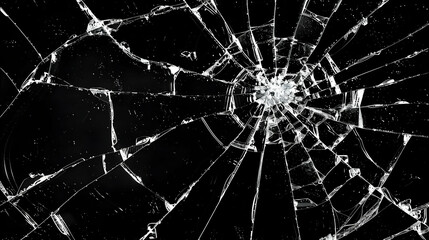 Fototapeta premium Abstract Black and White Cracked Glass Background Texture with a Radial Pattern and Crumbling Edges