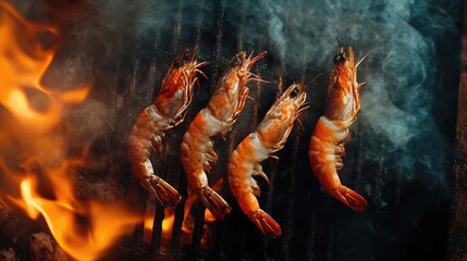 Top view of shrimp on the grill, commercial photography, smoke and fire background, dark tones, cinematic.