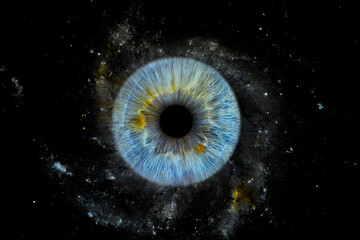Close up of eye iris on black background, macro, photography	