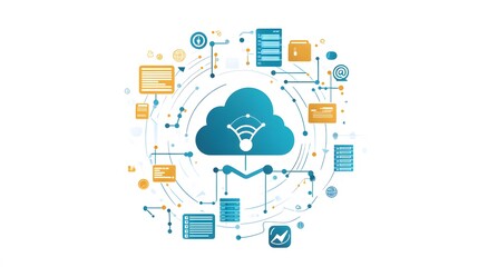 Cloud database and AI-driven connection icons for internet networks and big data storage, isolate on white background, illustration