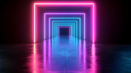 A Futuristic Neon Light Tunnel with Pink and Blue Lights Reflecting on a Wet Floor