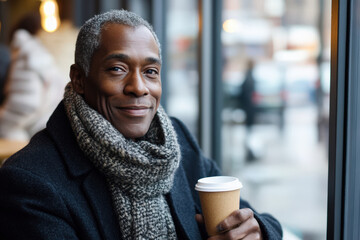 Senior man is holding a cup of takeaway coffee and smiling while sitting by the window in a cafe