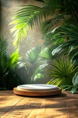 Obraz premium White circular podium on wood table with tropical green leaves in the background for product display presentations.