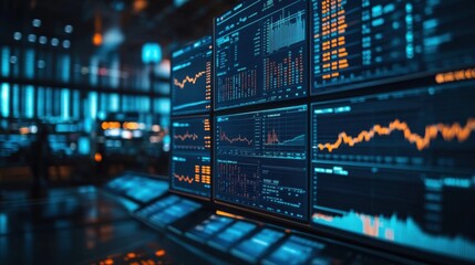 Fototapeta premium Busy trading floor of a stock exchange with dynamic displays of financial data.