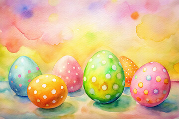 Colorful Easter eggs with playful polka dot patterns on dreamy watercolor background with copy space