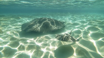 Fototapeta premium Serene Baby Stingray Swimming with Parent in Clear Ocean Waters Under Bright Sunlight