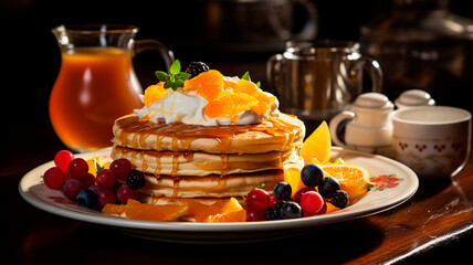 Obraz premium Pancakes con bebida en fondo negro
